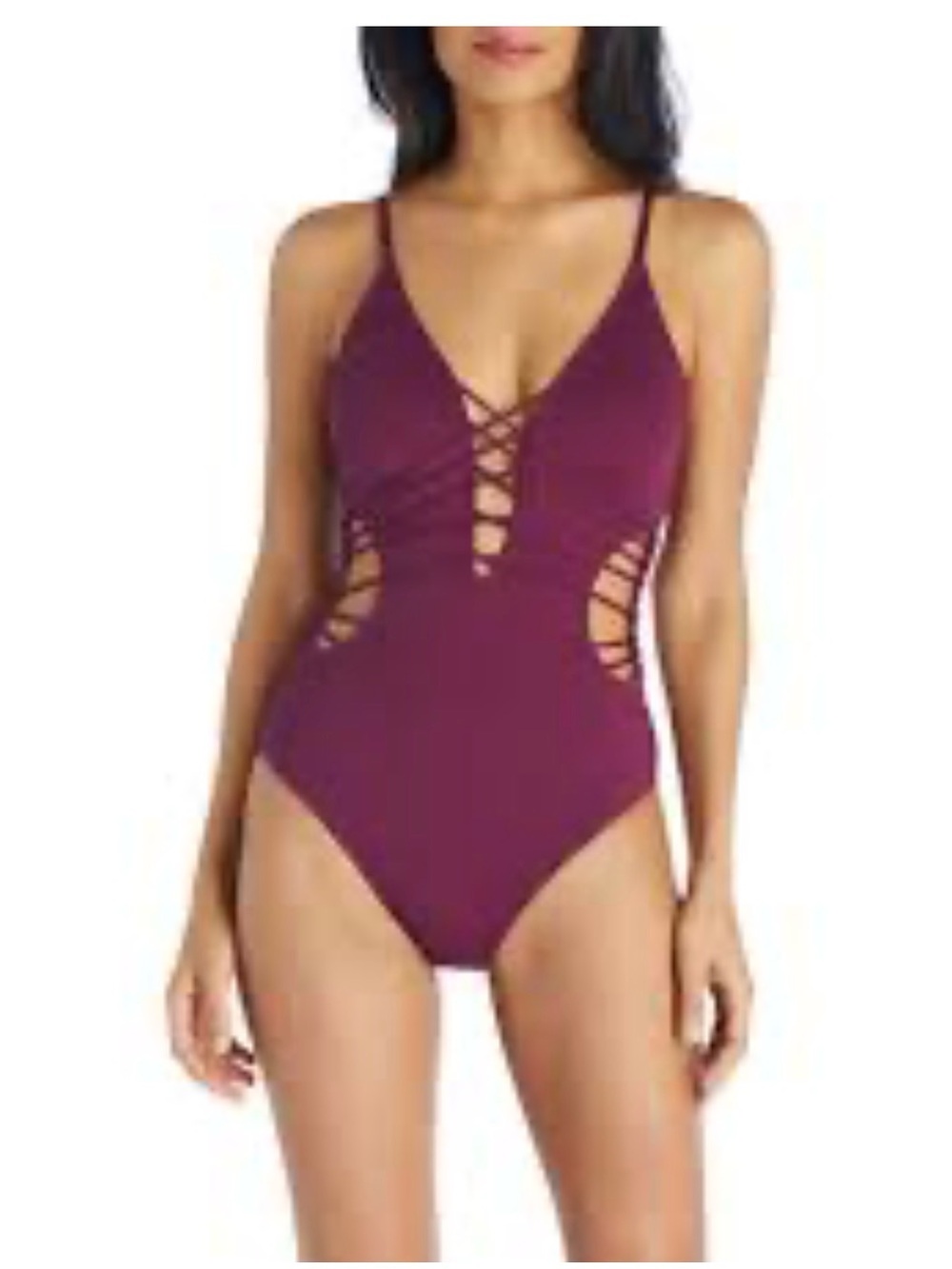 Ambrielle Strappy Criss Cross Plum One-Piece Swimsuit Size Medium